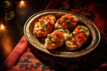 Juicy bruschetta on a plastic tray against a patterned gift wrap paper background