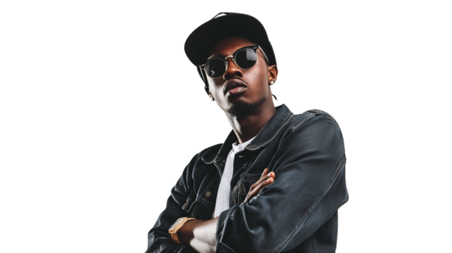 black man in sunglasses and a cap, in the hip hop style, standing with his arms crossed in a pose,