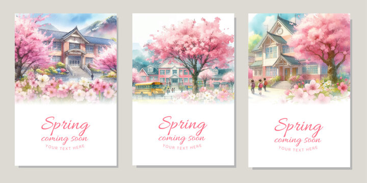 Watercolor illustration background of cherry blossoms in full bloom and an elementary school