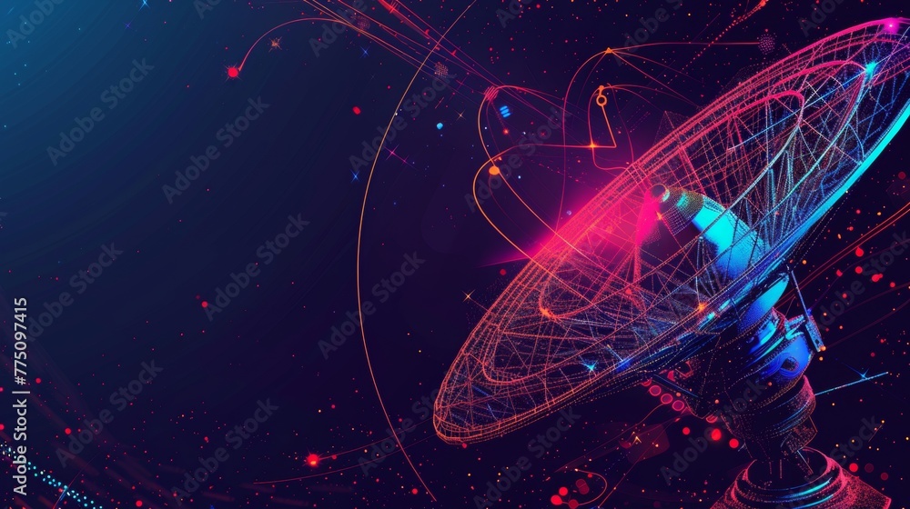 Poster background technology. abstract communication satellite dish transmits and receives a radio signal. 