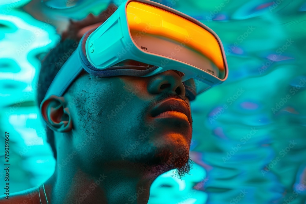 Poster man immersed in a virtual reality simulation with vivid neon lighting