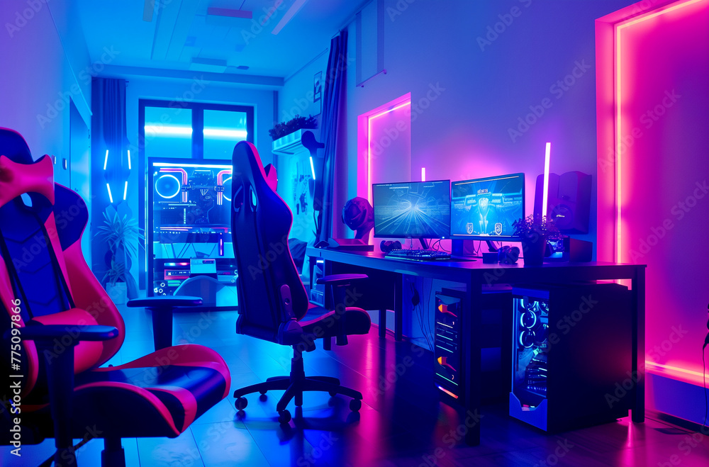 Wall mural a modern gaming room with neon lighting.