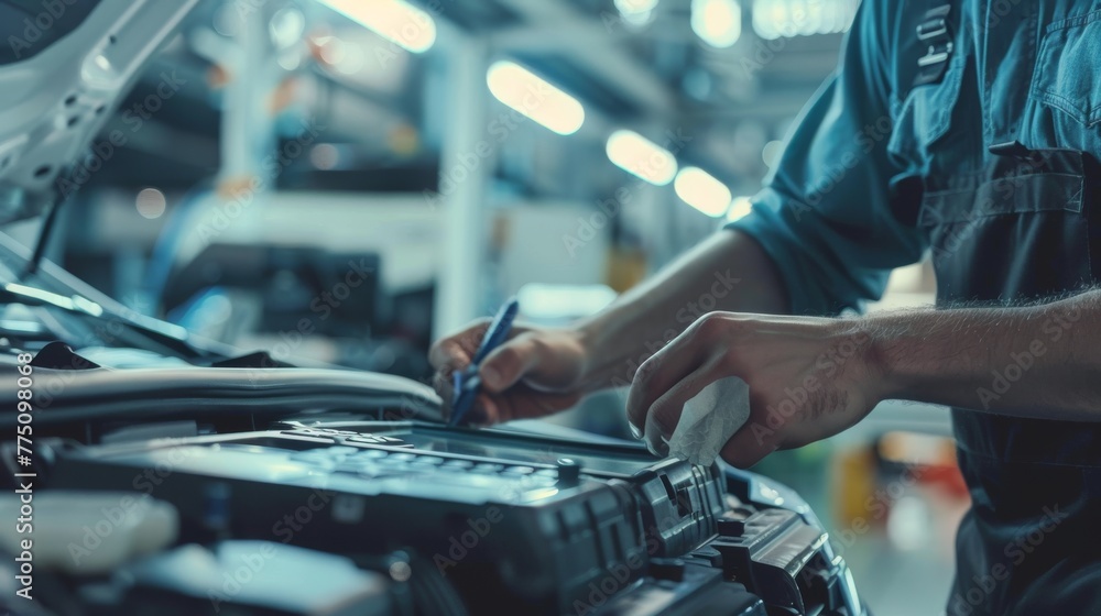 Poster repairing a car using computer diagnostics.