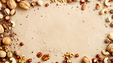 Obraz premium Background with nuts on a table, top view.