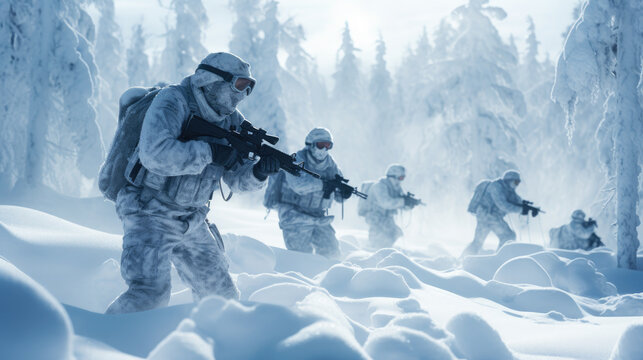 Arctic winter warfare operation in cold conditions with soldiers in winter camo