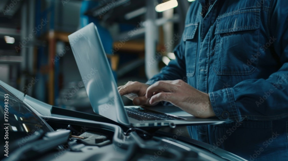 Poster at the workshop, a mechanic works with a laptop computer making system diagnostics.