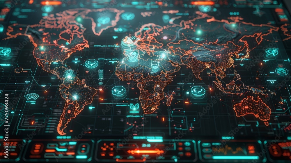 Poster The radar screen and map of the world in a futuristic setting