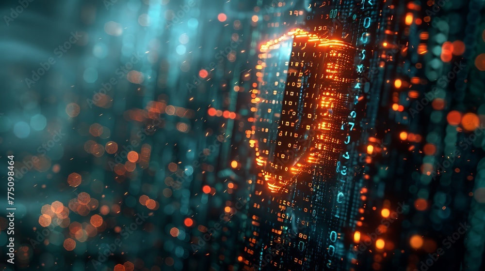 Leinwandbilder A futuristic shield shape combined with binary and program code represents online security