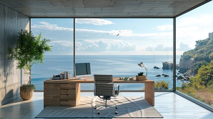 Create desk minimal style, big window, ocean view. Generative AI.