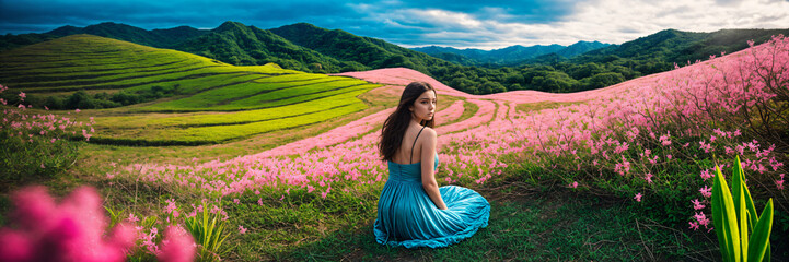 Blooms on the Hills: Stunning Girl Flourishing in Spring