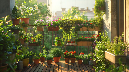 Fototapeta na wymiar A balcony garden overflowing with herbs and potted plants