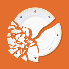 Vector illustration of white destroyed plate with small and big fragments and debris of broken plate