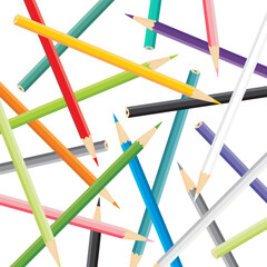Heap of simple vector color pencils randomly distributed on white background