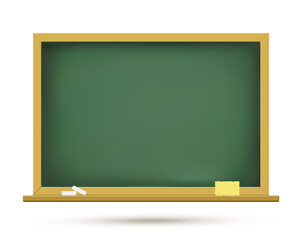 Vector illustration of classic green school board with wooden border hanging on the white wall