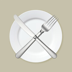 Vector illustration of empty white plate with fork and knife, created using gradient meshes