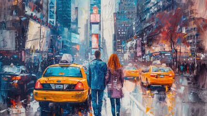 couple walking in street view of New York in oil painting. Generative AI