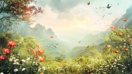 Fantasy landscape with colorful flowers - Enchanting scene with vibrant flowers, lush greenery, and birds against a mountainous backdrop at sunset