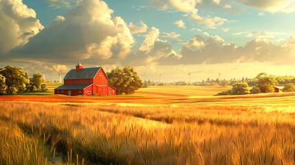 A bucolic farmland scene with golden fields of wheat stretching to the horizon, punctuated by red barns and windmills