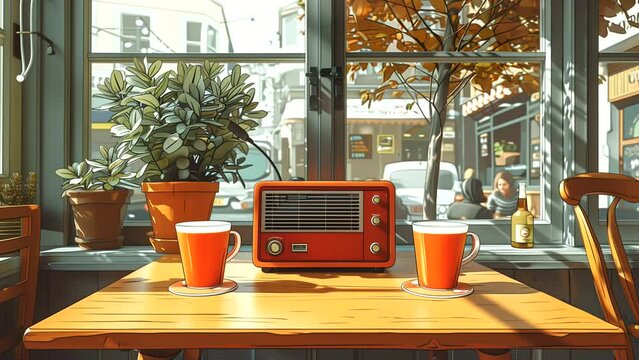 radio at cafe with chill vibes, Lofi background music. seamless looping 4k time-lapse animation video background