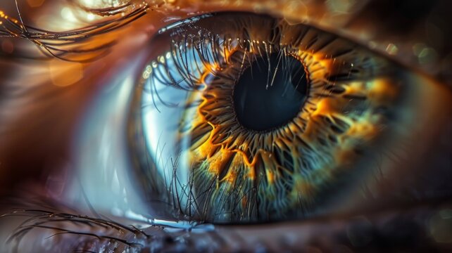 Close-up detailed human eye macro - Extreme close-up of a detailed human eye, focusing on the intricate iris patterns