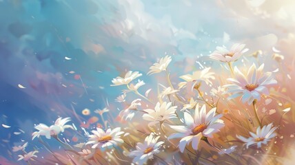 Dreamy field of daisies in a magical light - Softly illuminated daisies sway in a dreamlike field, conveying whimsy and a light, airy feel of a fantasy world
