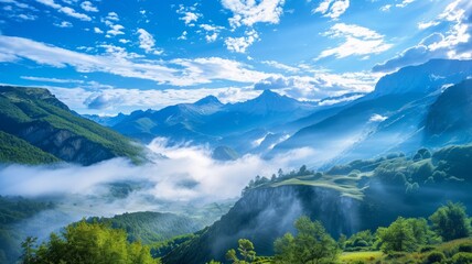 Naklejka na ściany i meble Breathtaking mountain landscape with mist - Serene and majestic, this landscape captures a mountain range with mist settling in the valleys at sunrise