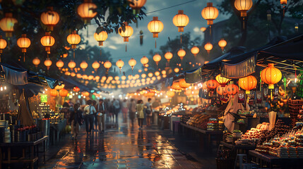 A bustling Asian night market alive with the vibrant colors, sounds, and aromas of street vendors