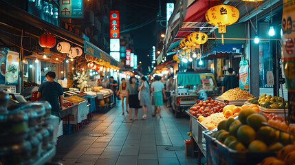 A bustling Asian night market alive with the vibrant colors, sounds, and aromas of street vendors