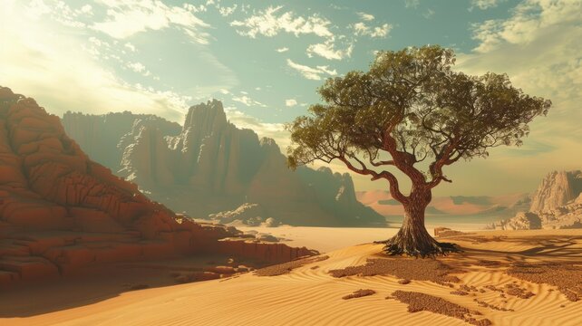 Exotic tree in an alien desert landscape - Striking tree in a surreal, orange desert filled with rocky formations under a large sun