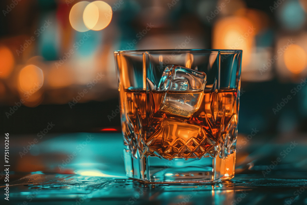 Poster glass of whiskey with ice in a bar. created with generative ai technology.