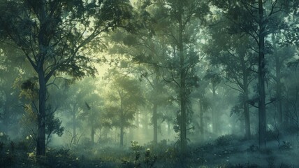 Misty enchanted forest morning scene - This ethereal forest scene showcases sunbeams piercing through the fog among the dense trees