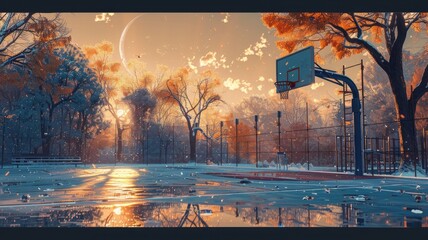 outdoor basketball court at sunny day in hot summer. Generative AI