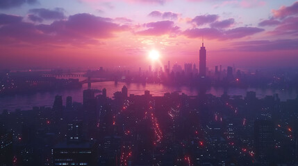 A bustling city skyline illuminated by the warm glow of sunset - obrazy, fototapety, plakaty