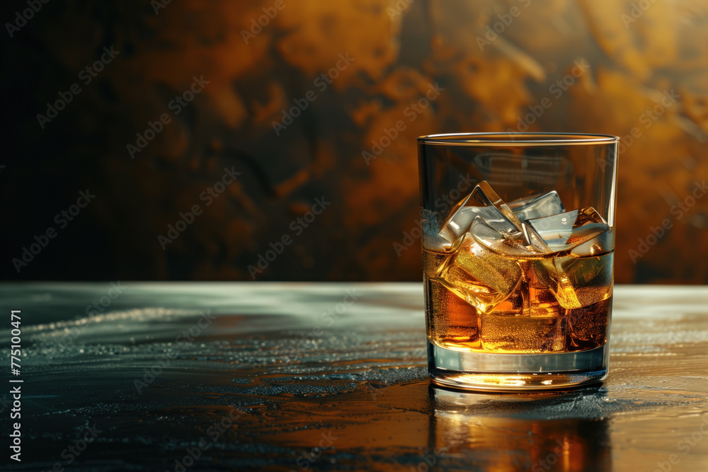 Poster glass of whiskey with ice in a bar. created with generative ai technology.