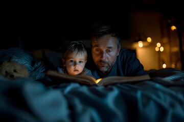 Un padre leyendo un libro a su hijo pequeño hijo en la noche en su habitacion a obscuras, iluminada por pequeñas luces. Paternidad y familia - obrazy, fototapety, plakaty