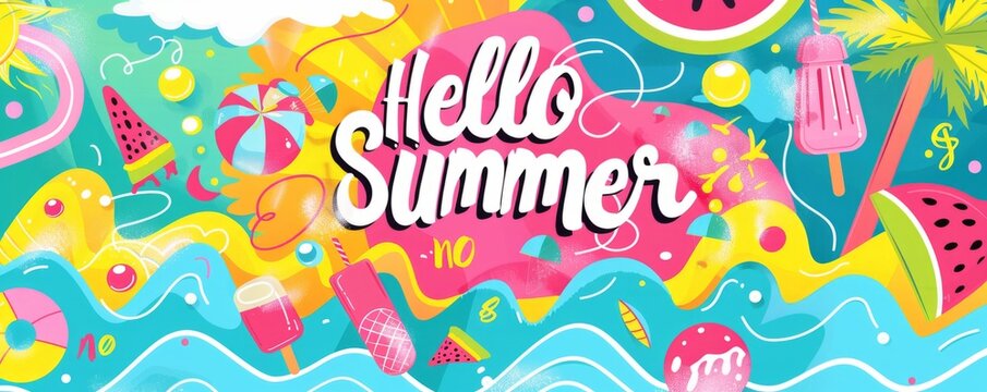 A vibrant summer banner with bright colors and fun illustrations, featuring elements like beach ball toys, ice cream bars, palm trees, watermelon slices, and the text "Hello Summer" Generative AI - Powered by Adobe