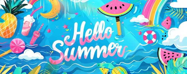 Fototapeta na wymiar A vibrant summer-themed banner with bright colors and fun text 