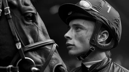 Foto op Plexiglas A heartfelt moment between a jockey and their horse in the paddock before the race, with the jockey whispering words of encouragement into the horse's ear. © Татьяна Креминская