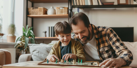 Young father and his ten years old son playing board game at home. Dad and his kid having fun with table game in a living room. Bonding and spending quality time with children. - obrazy, fototapety, plakaty