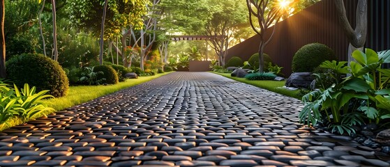 Permeable drivewaywalkway allows water drainage ecofriendly option for sustainable landscaping. Concept Eco-friendly Driveway, Sustainable Landscaping, Permeable Surfaces, Water Drainage - obrazy, fototapety, plakaty