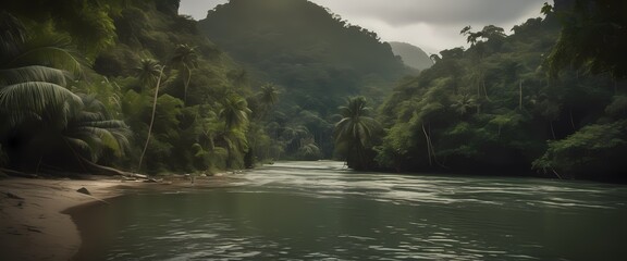 Background in style - Jungle with tropical river: amazing natural world. Generative AI, Generative, AI - obrazy, fototapety, plakaty