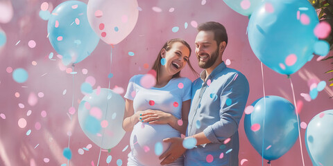 Beautiful young expecting couple surrounded by pink and blue balloons, confetti and streamers as a decorations at a gender reveal or a baby shower party.