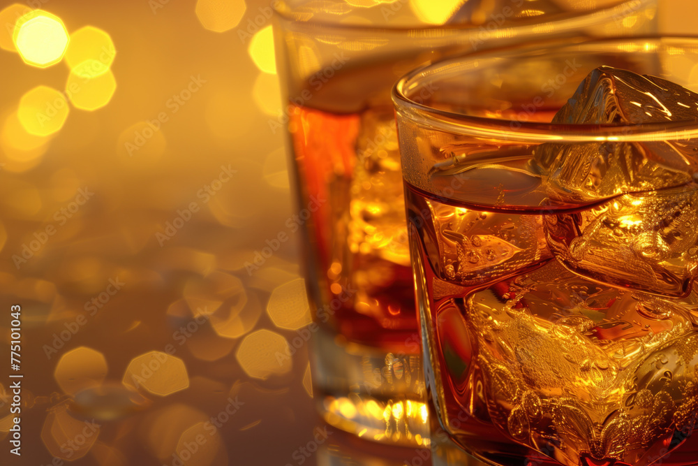 Poster two glasses of whiskey with ice in a bar. closeup. created with generative ai technology.