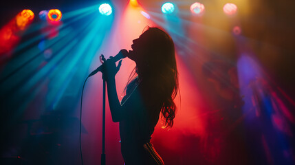 A woman singing passionately on stage with vibrant stage lights illuminating her.