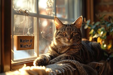 A mischievous cat lounging on a sunlit windowsill, its sign reading 