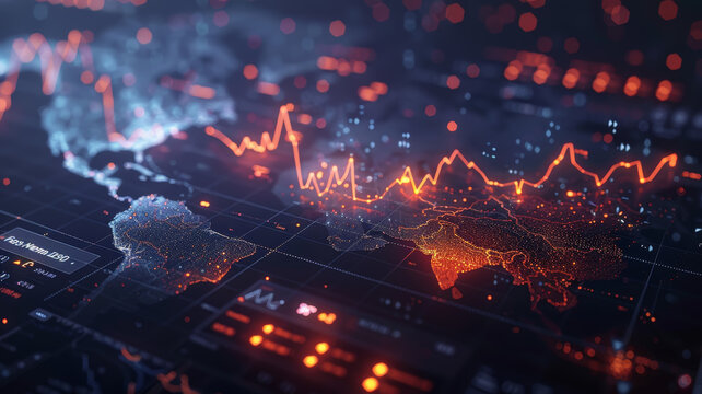 Illuminated digital map displaying global economic trends with interactive graphs and statistics.