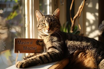 A mischievous cat lounging on a sunlit windowsill, its sign reading "Master of Mischief" as it plots its next playful prank with cat-like cunning and feline grace