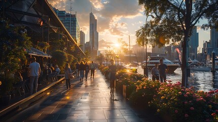 A bustling waterfront promenade bustling with activity - obrazy, fototapety, plakaty