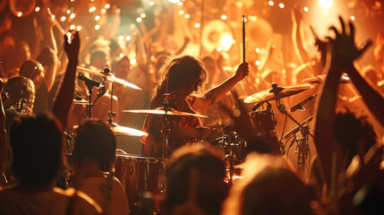 A man is playing drums in a band with other people