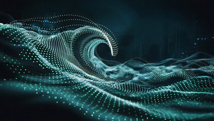 Naklejka premium Structured database. Abstract digital wave particle. Digital music background. Sound vibrations. Futuristic dotted wave. Big data analytics. 3D illustration of nano particles in cyberspace